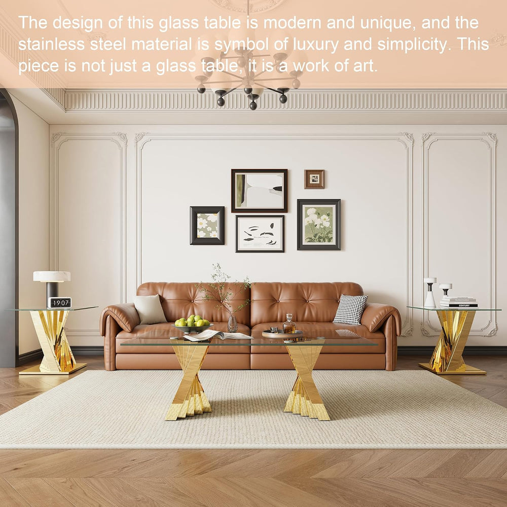 3 Piece Living Room Set, 51" Glass Coffee Table and 2 End Tables with Te...