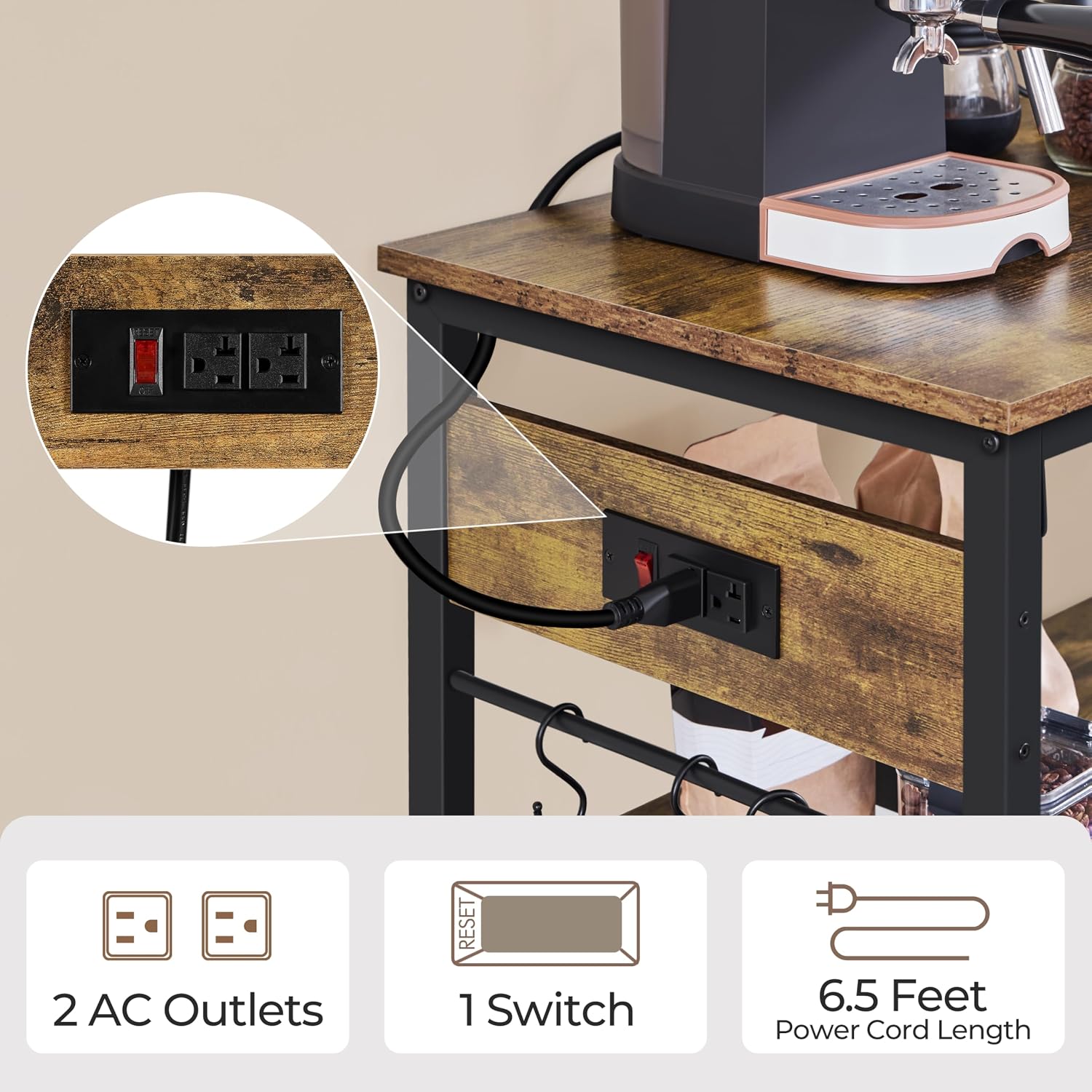 Yaheetech Kitchen Island Cart with Power Outlet, 3 Shelves, Rustic Brown | 40 Inches Rolling Kitchen Island With Storage, 3-Tier Coffee Cart with Footpads, Wine Rack Glass Holder Hooks for Dining Room
