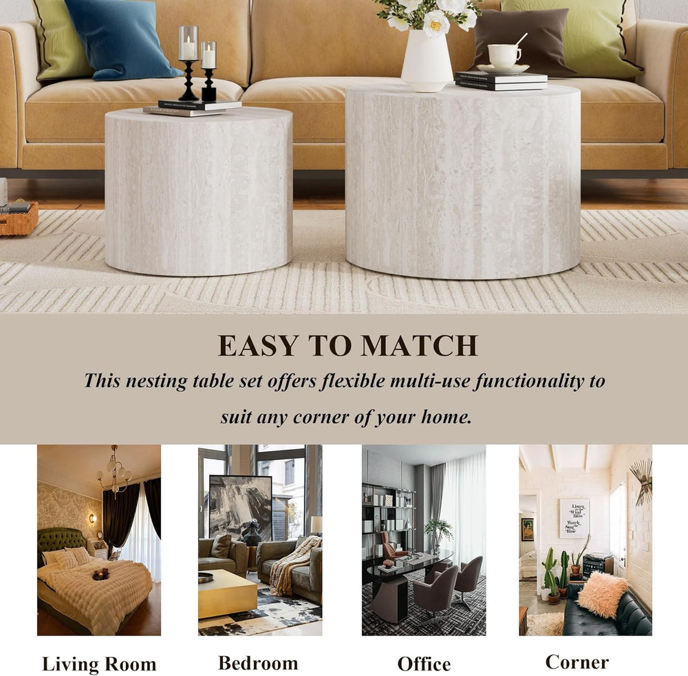 2-Piece Round Nesting Coffee Table Set with Travertine Texture, Modern Stacka...