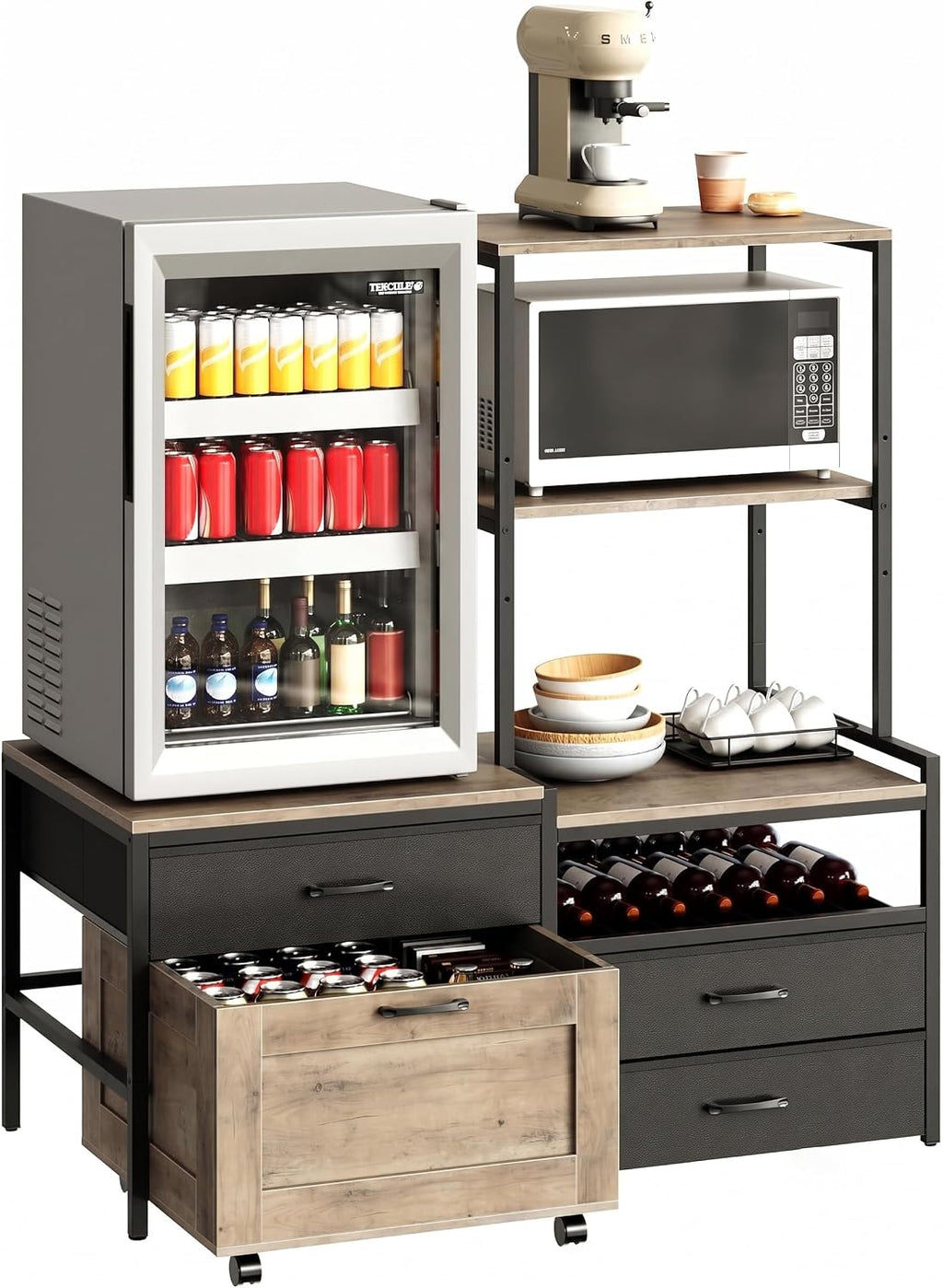 Herture Mini Fridge Stand with Wine Rack & Outlet, Kitchen Bakers Rack | Microwave Oven Stand, Coffee Bar, Movable Drawers, for Dorm,Office, Grey HB04BXZ