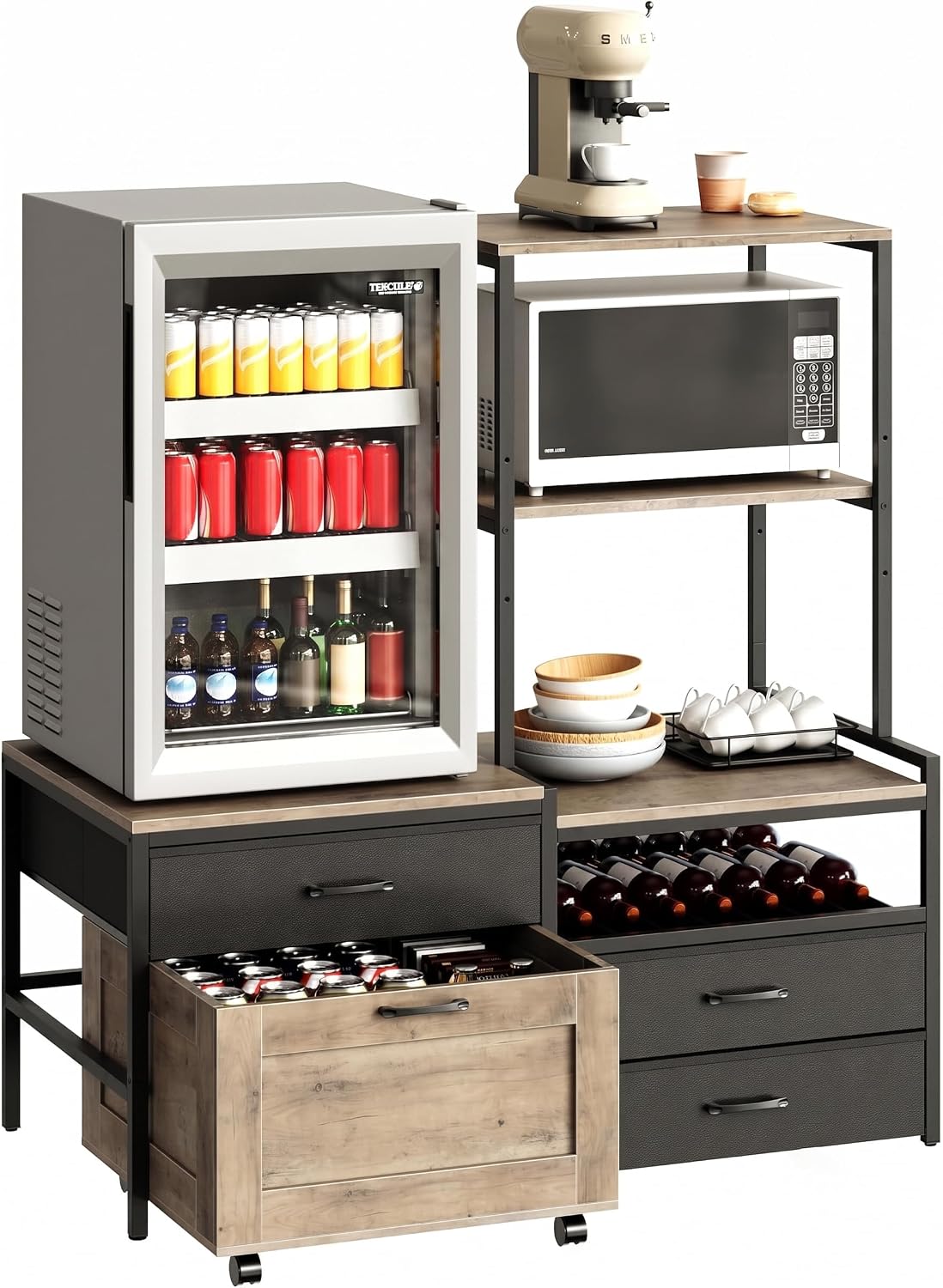 Herture Mini Fridge Stand with Wine Rack & Outlet, Kitchen Bakers Rack | Microwave Oven Stand, Coffee Bar, Movable Drawers, for Dorm,Office, Grey HB04BXZ