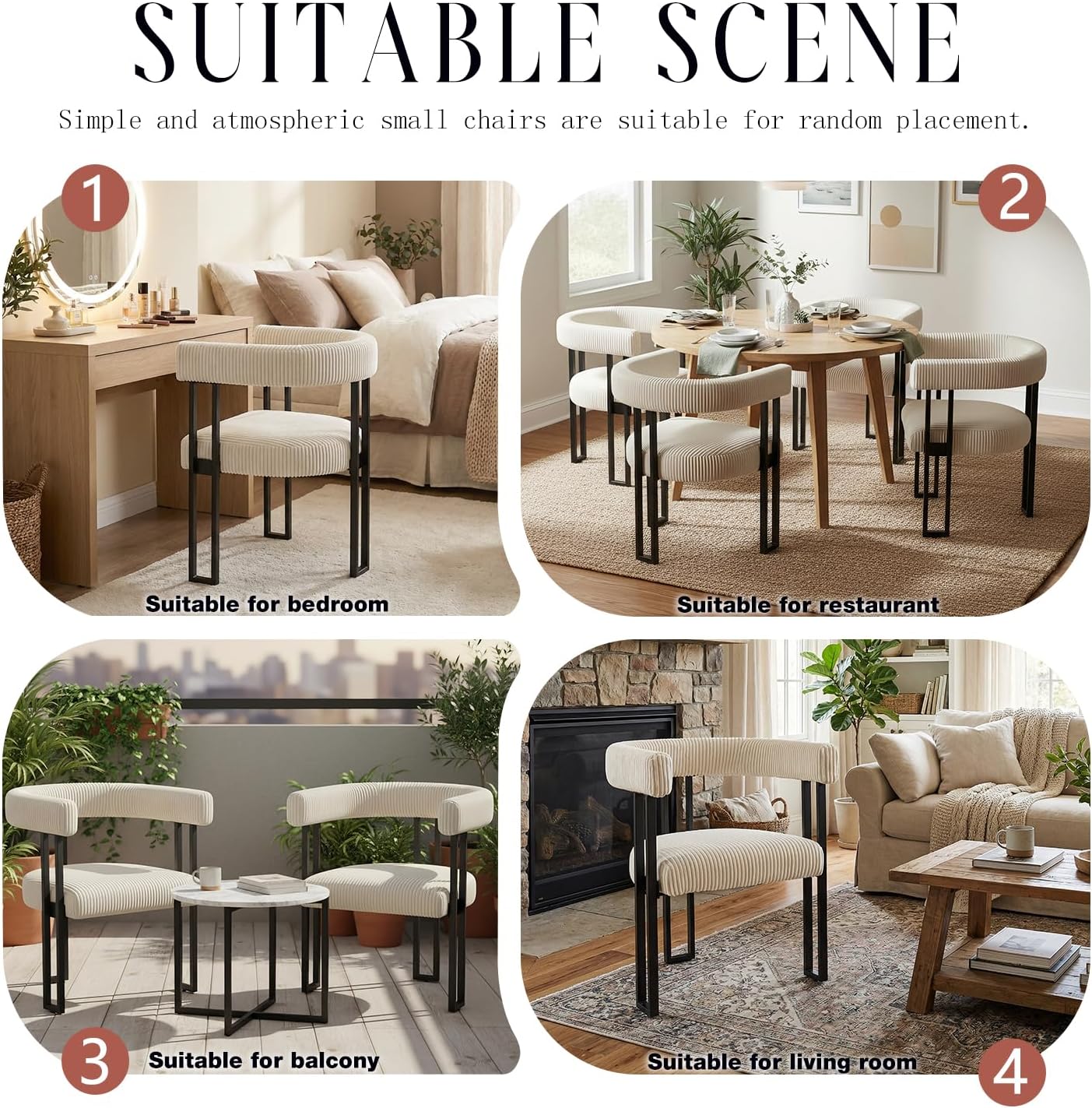 Modern Corduroy Dining Chairs Set of 6 with Metal Legs,Comfy Accent Dining Room Chairs Upholstered Kitchen Side Chairs with Curved Backrest for Dining Room Kitchen Living Room (White,6)