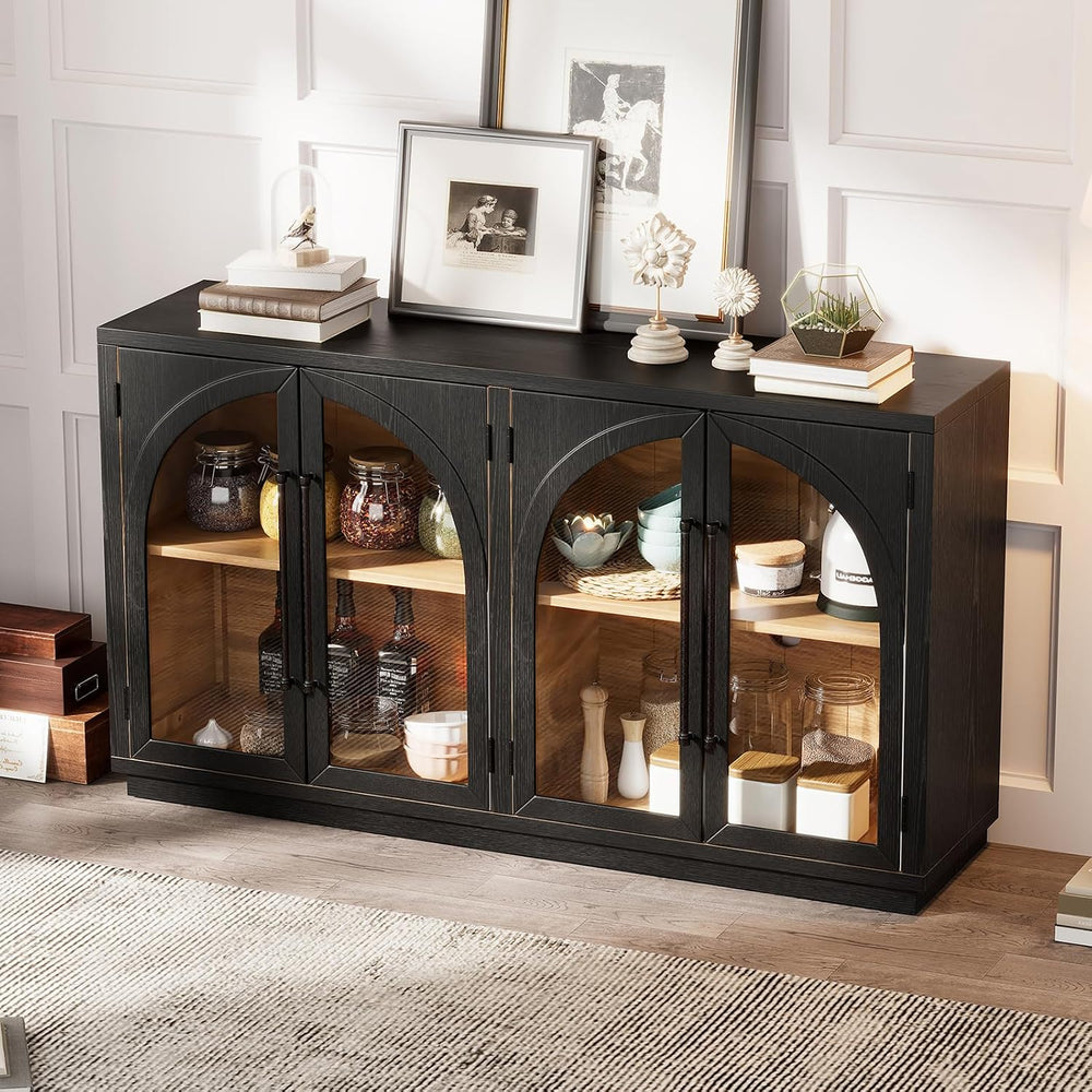Large Arched Kitchen Sideboard, Wooden Storage Cabinet with Glass Doors with ...