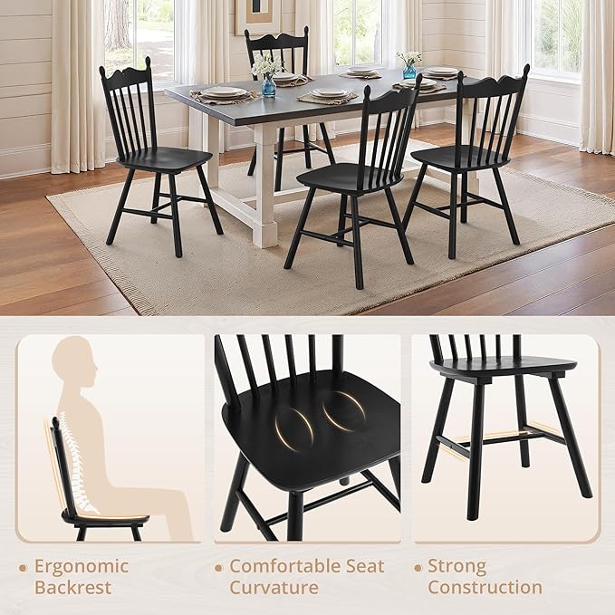LUE BONA Black Dining Chairs Set of 4, Windsor Wooden Dining Chair with Thick...
