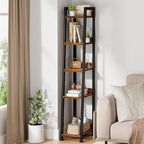 Narrow Ladder Shelf for Small Spaces - 5 Tier Thin Bookshelf Skinny Book Shelves Slim Bookshelves 60 inch Tall, Farmhouse Brown (02BN)