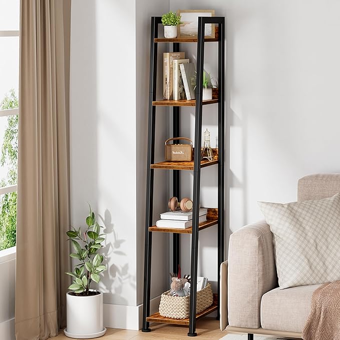 Narrow Ladder Shelf for Small Spaces - 5 Tier Thin Bookshelf Skinny Book Shelves Slim Bookshelves 60 inch Tall, Farmhouse Brown (02BN)