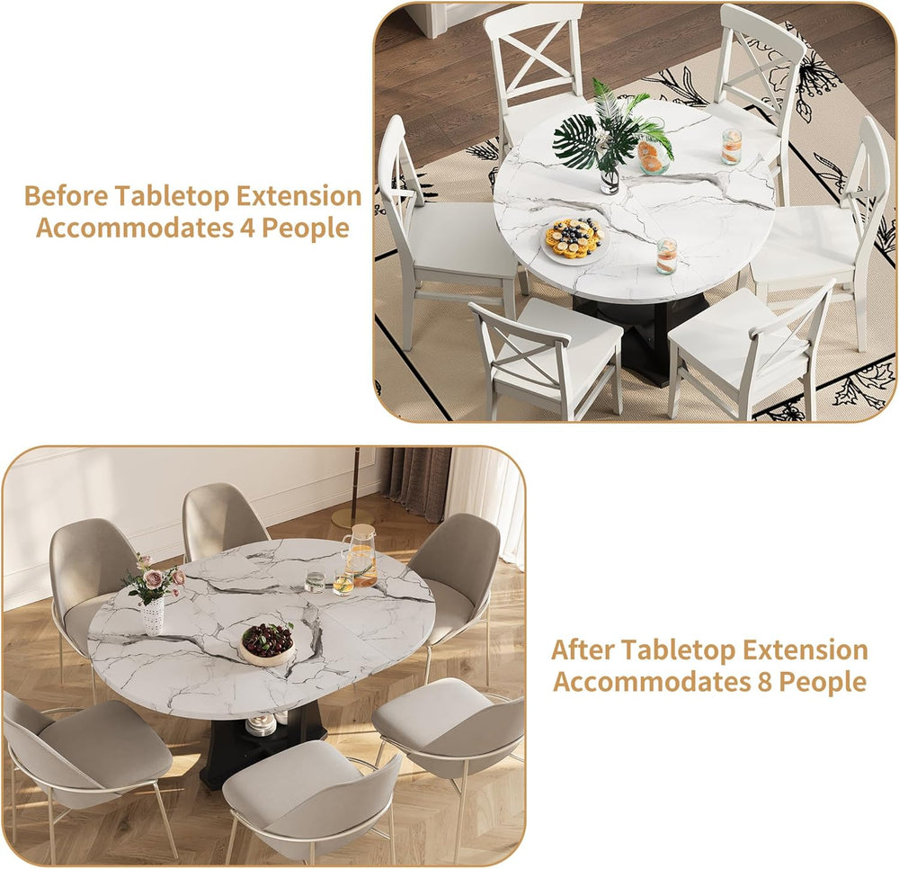 Extendable Dining Table 43"-59" for 4-6, White Faux Marble Round Ki...