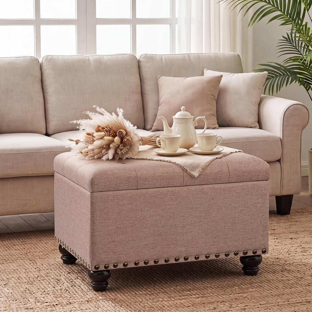 Ottoman with Storage, Fabric Ottoman Foot Rest 24" Rectangle Tufted Foot Stools Ottomans with Hinged Lid Upholstered Button Ottomans for Bedroom Living Room Entryway, Taupe