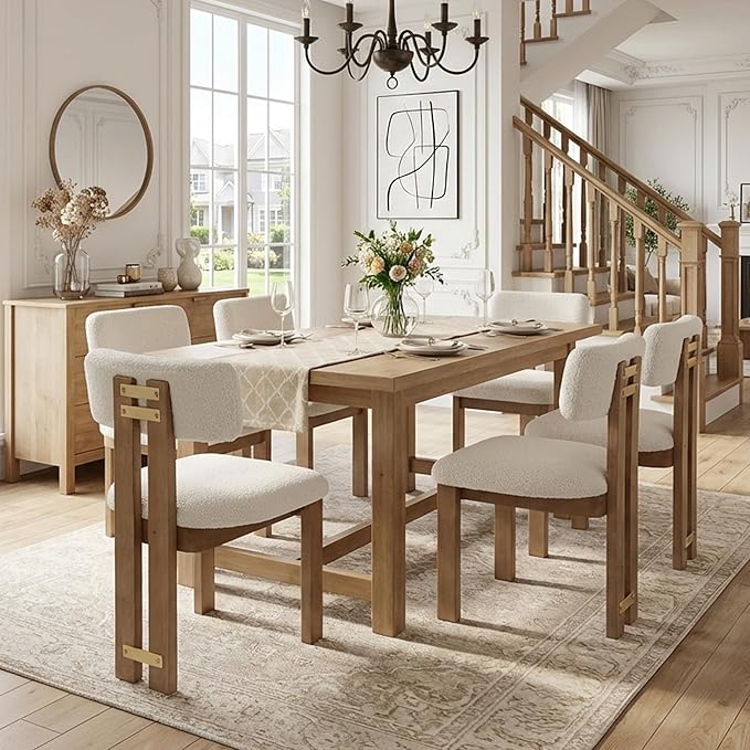HNY Modern Farmhouse Boucle Dining Chairs Set of 4, White Sherpa Fabric Upholstered Dining Room Kitchen Chairs with Natural Wood Frame & Curved-Back, Armless Accent Wood Chairs for Dining Living Room