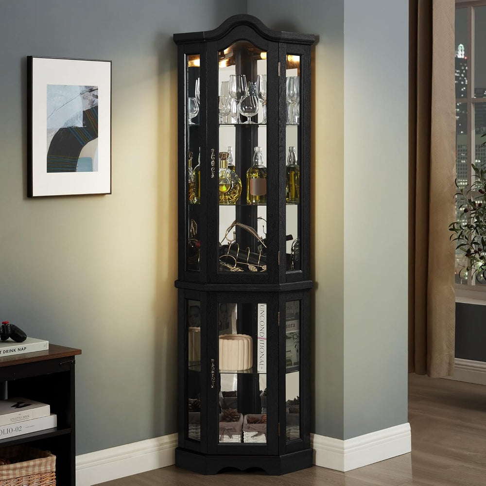 70" Lighted Corner Curio Cabinet,Inside Mirror Corner Glass Display Case...