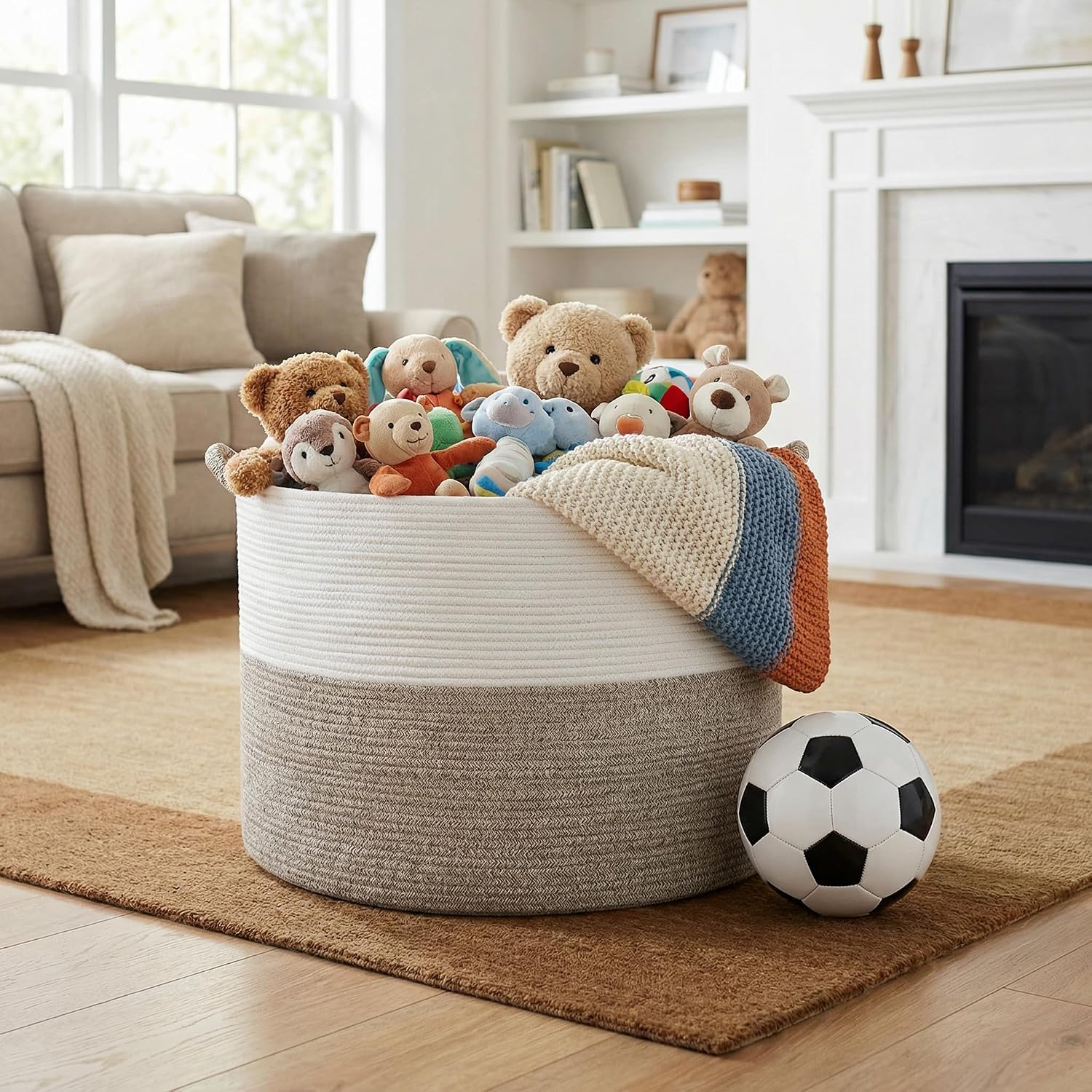 XXXL Large Blanket Basket for Living Room, 21.7" x 13.8" Woven Cotton Rope Laundry Hamper for Pillows, Towels & Toy Storage - Decorative Round Storage Basket with Handles for Nursery, Baby & Dog Toys