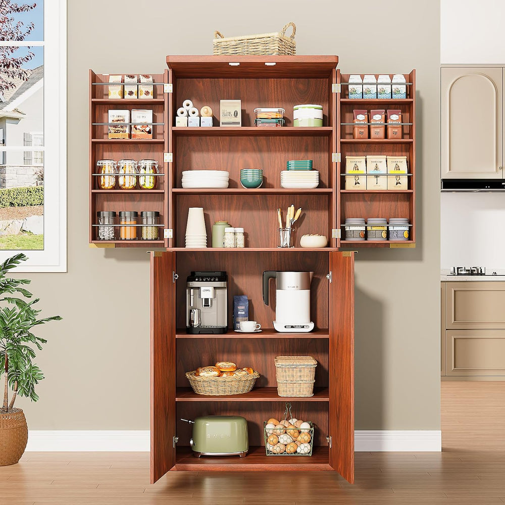 72" Tall Kitchen Pantry Modern Fluted Wood Storage Cabinet with Doors,6 ...