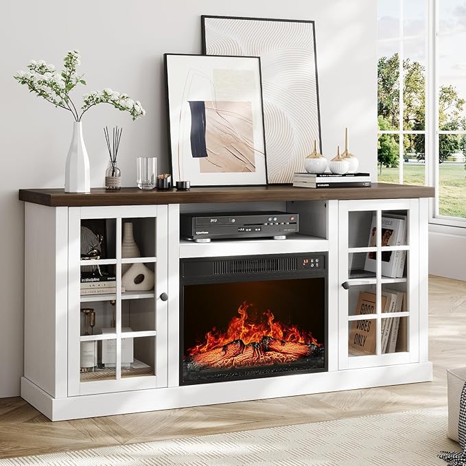 ONBRILL 59 Inch Fireplace TV Stand, Entertainment Center with 23 Inch Electric Fireplace, TV Table for TVs up to 65 Inches, Media Console Cabinet with Storage and Glass Doors for Living Room, White