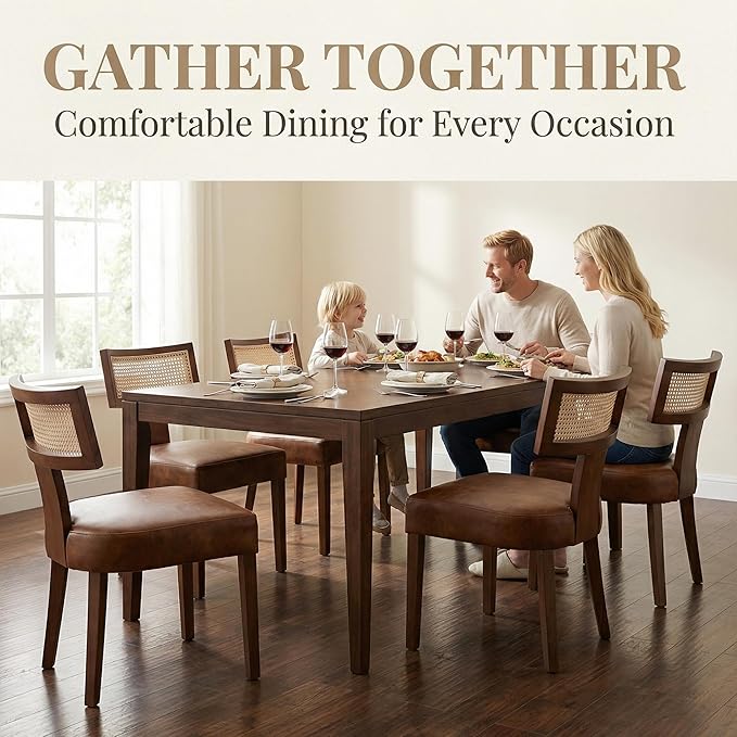 HNY Mid Century Modern Rattan Dining Chairs Set of 6, Farmhouse PU Leather Up...