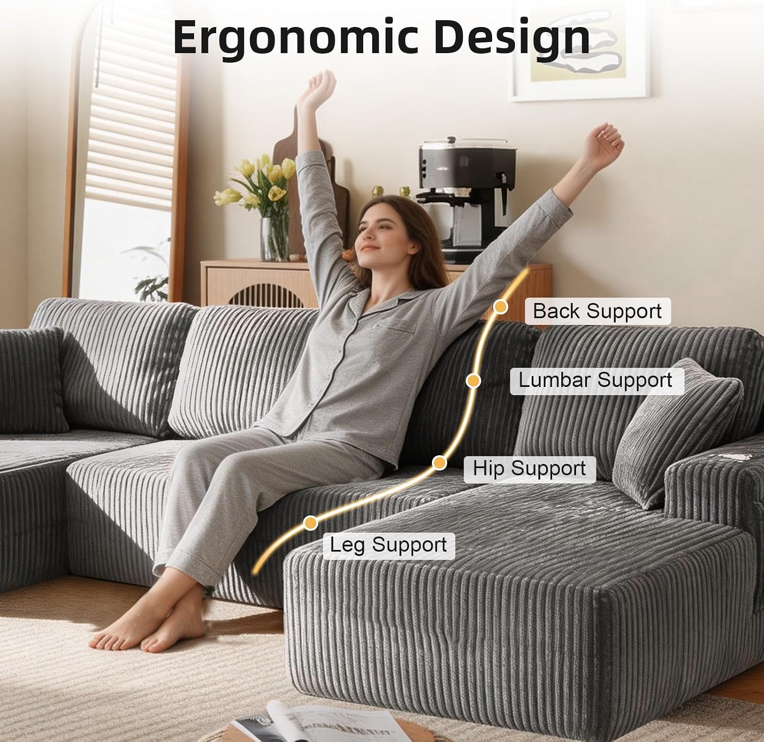 130" U-Shaped Modular Sectional Sofa with Chaise | Boneless Corduroy Flexible Module Seating for Living Room, Cloud Couch with Cup Holders and Side Pockets, No Assembly (Grey)