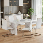 Modern Dining Table Set for 6, 63“ Dinner Table Set for 6, Marble Pattern MDF Kitchen Table Top and Base, Modern Dining Table Set with White Upholstered PU Leather Chairs,Easy Assembly