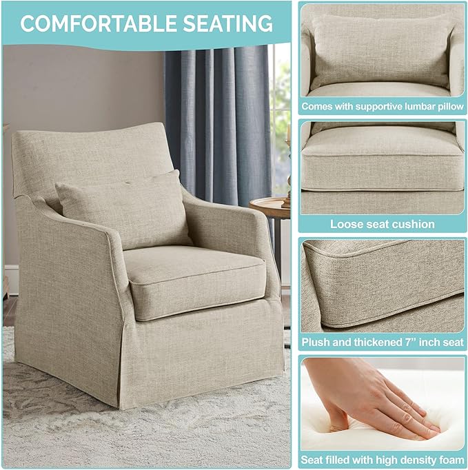 Martha Stewart London Swivel Chair - Solid Wood & Plywood, Skirted Metal Base Accent Armchair, Lumbar Pillow -Modern Classic Family Room Sofa Furniture Bedroom Lounge, 28"X31.5"X35.25", Beige Multi