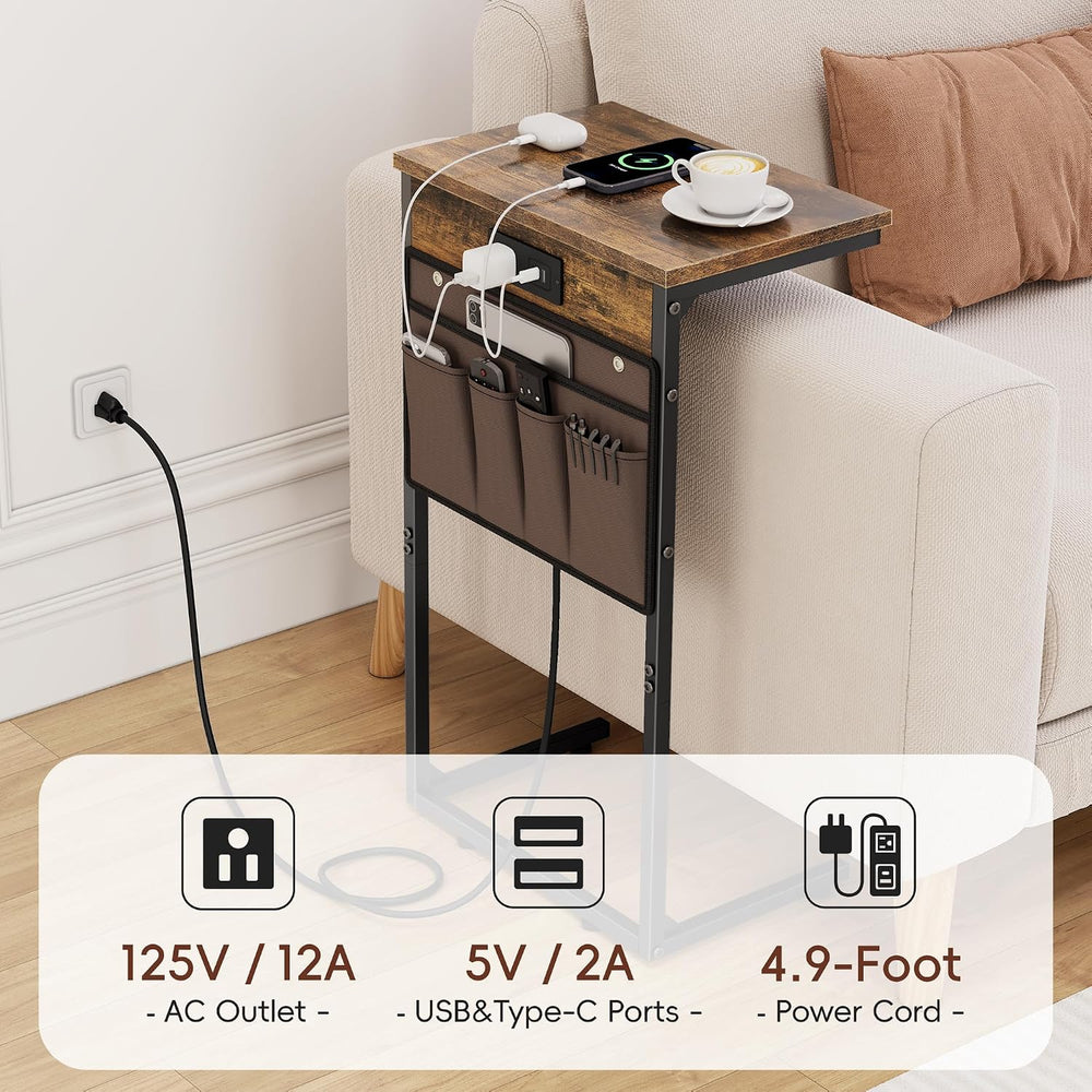 Vagusicc C Shaped End Table with Charging Station, 28" Tall Couch Side T...