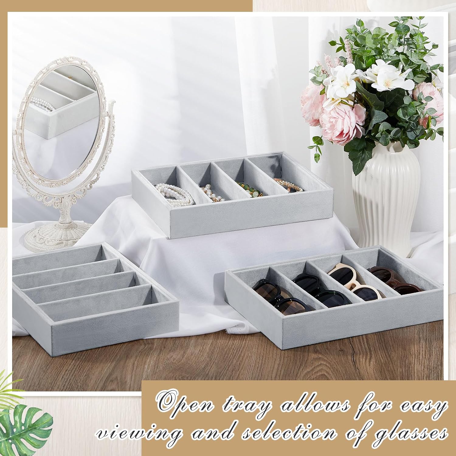 4 Pcs Gray Sunglass Organizer Trays 4 Grids Velvet Glasses Holder Jewelry Display Organizer Eyeglasses Storage Box Drawer