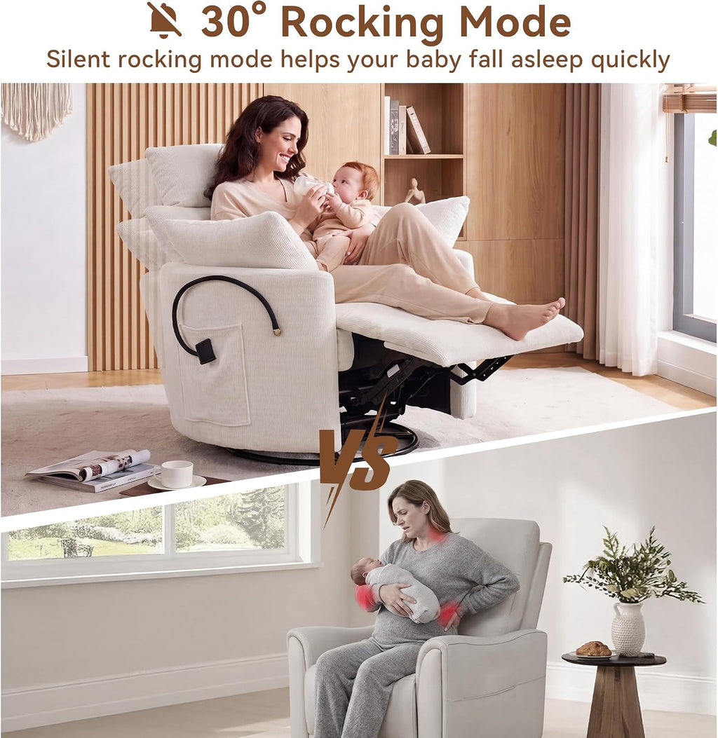 FOXHUNTER 360° Swivel Manual Nursery Rocking Glider Chairs, Chenille White | 30° Rocking Mode, with USB Charging Port and Phone Holder,Adjustable Headrest,2 Cushions, 2 Side Pockets, Footrest