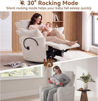 FOXHUNTER 360° Swivel Manual Nursery Rocking Glider Chairs, Chenille White | 30° Rocking Mode, with USB Charging Port and Phone Holder,Adjustable Headrest,2 Cushions, 2 Side Pockets, Footrest