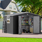10x8 FT Outdoor Storage Shed, Metal Garden Shed - Tool Storage Sheds with Lockable Doors & 1 Clear Window, Waterproof Outside Storage Building for Backyard, Patio (Black; Floor Not Included)