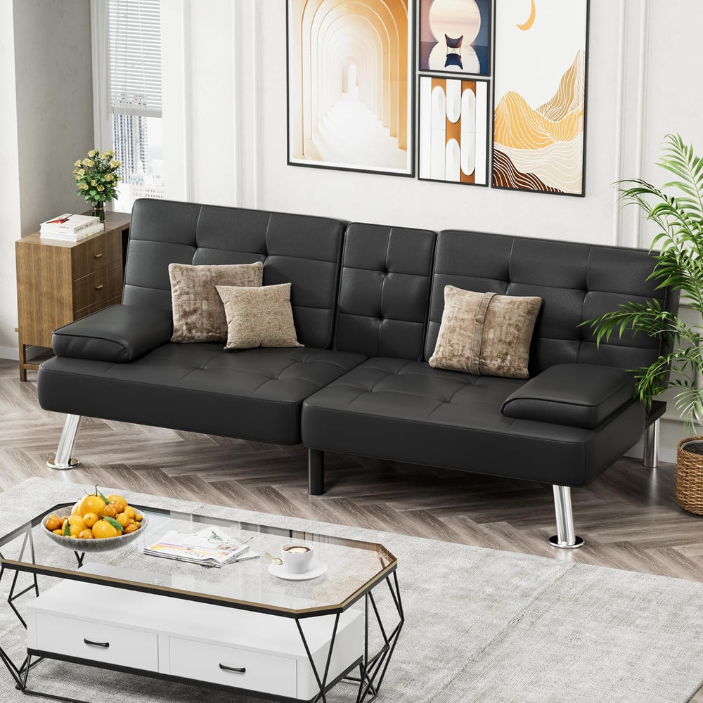 JUMMICO Faux Leather Futon Sofa Bed Futon Couch with Removable Armrests Adjus...