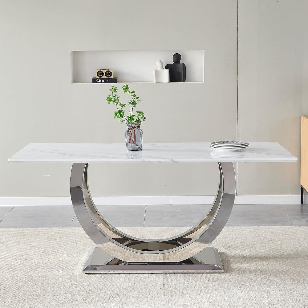 SSLine Modern White Marble Dining Table for 6-8 Rectangle 69.3" Faux Mar...