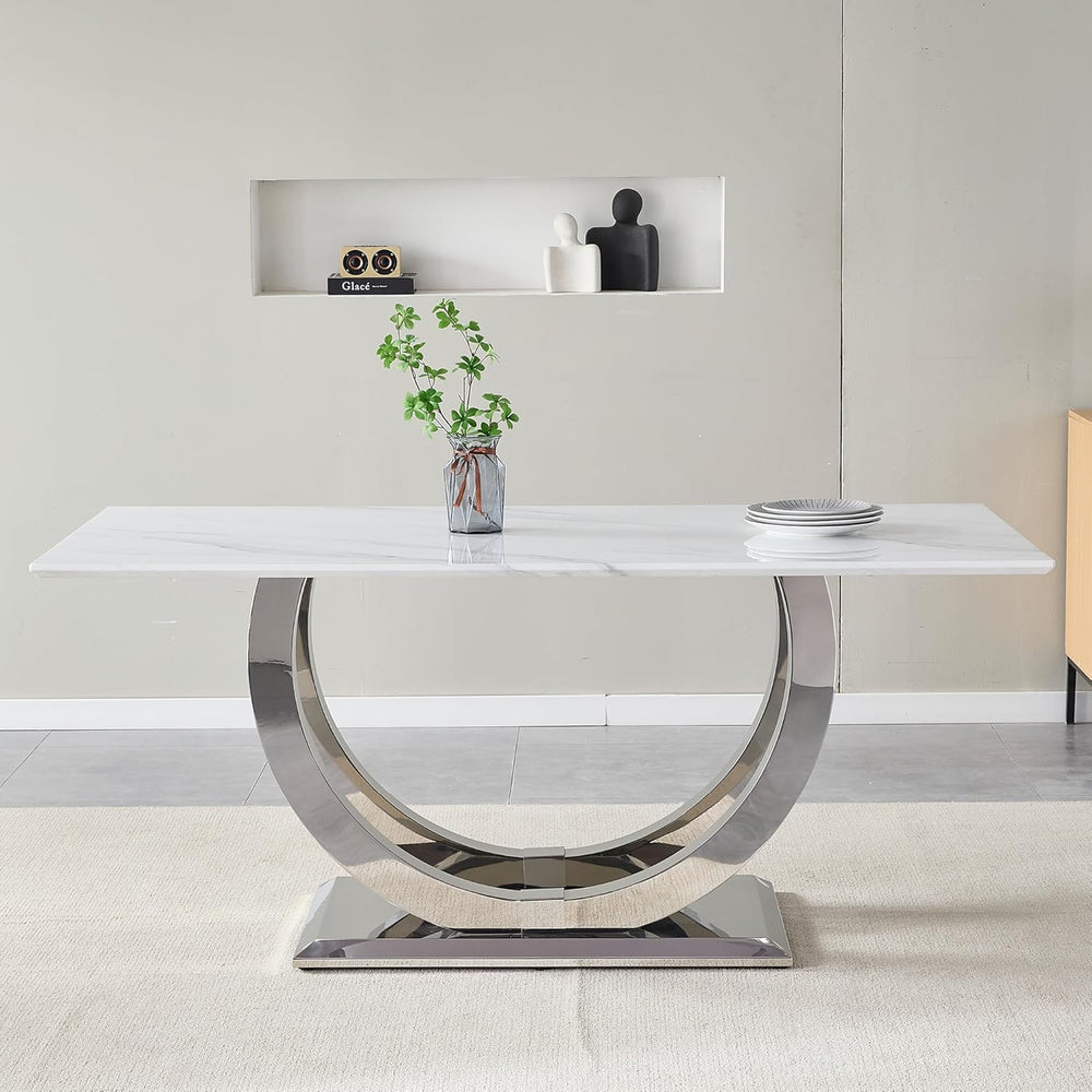69.3" White Marble Dining Table for 6-8, Luxury Rectangular Kitchen Tabl...