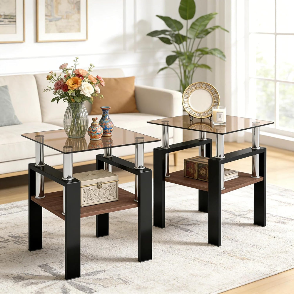 Glass Side Table Set of 2, Small 2-Tier End Table with Tempered Glass Top and...