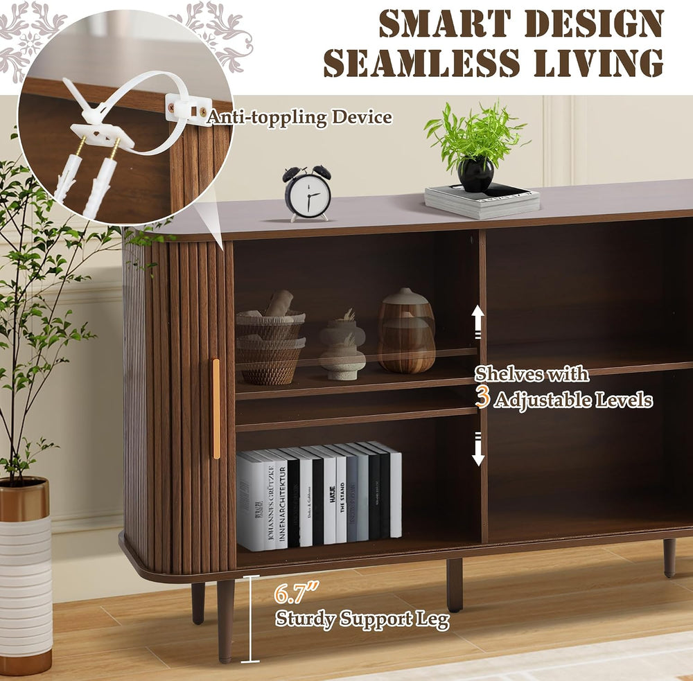47" Fluted Buffet Cabinet with Tambour Sliding Doors, Modern Sideboard B...