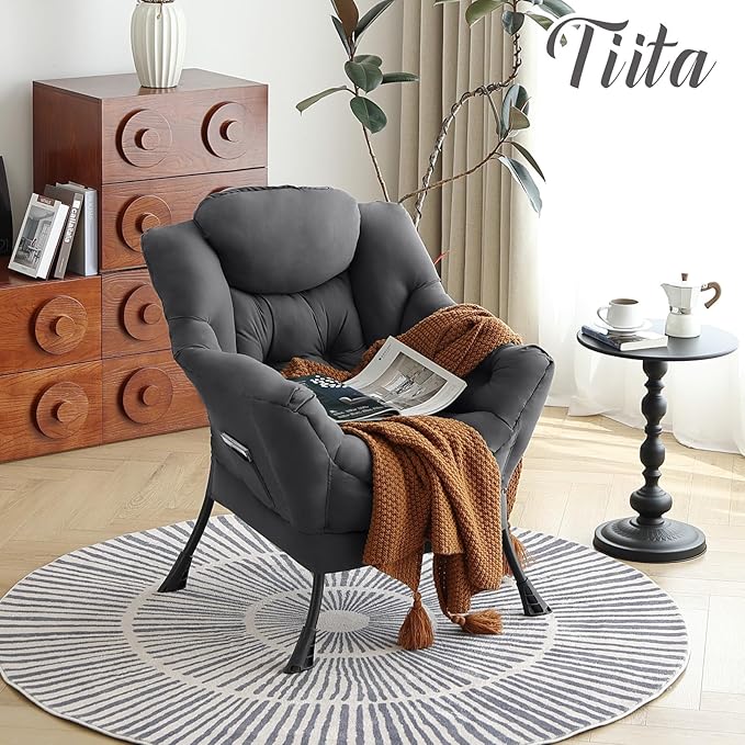 Tiita Lazy Chair, Modern Large Accent Lounge Armchair, Comfy Leisure Sofa Reading Chair with Footrest for Bedroom, Living Room, Dorm Rooms, Garden and Courtyard, Dark Grey