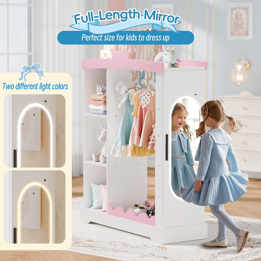 Betterhood Kids Closet with Jewelry Cabinet, Princess Dress Storage with Shelves&Mirror, Costumes Wardrobe Closet with Hanging Rack for Toddlers,Organizer for Bedroom (White)