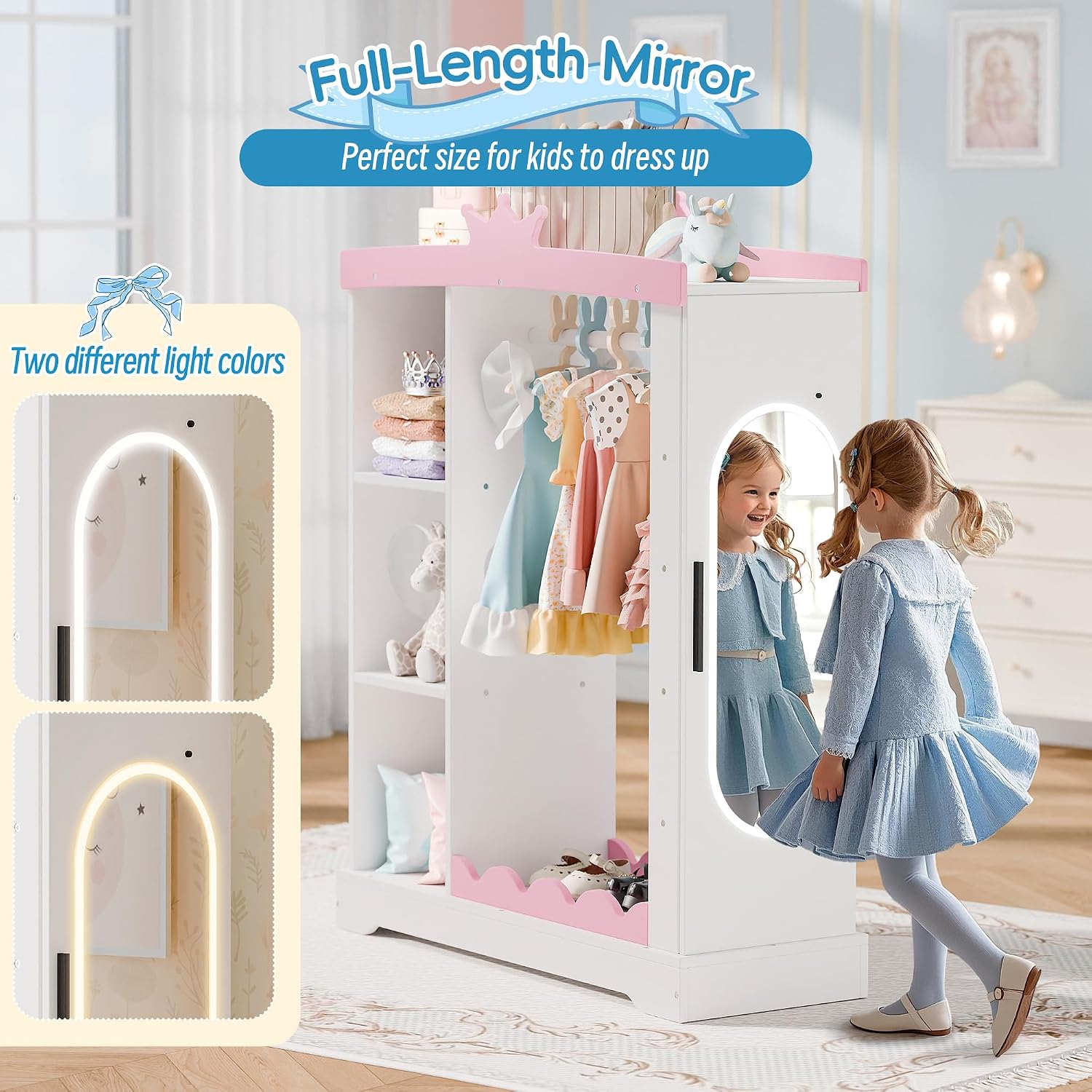 Betterhood Kids Closet with Jewelry Cabinet, Princess Dress Storage with Shelves&Mirror, Costumes Wardrobe Closet with Hanging Rack for Toddlers,Organizer for Bedroom (White)