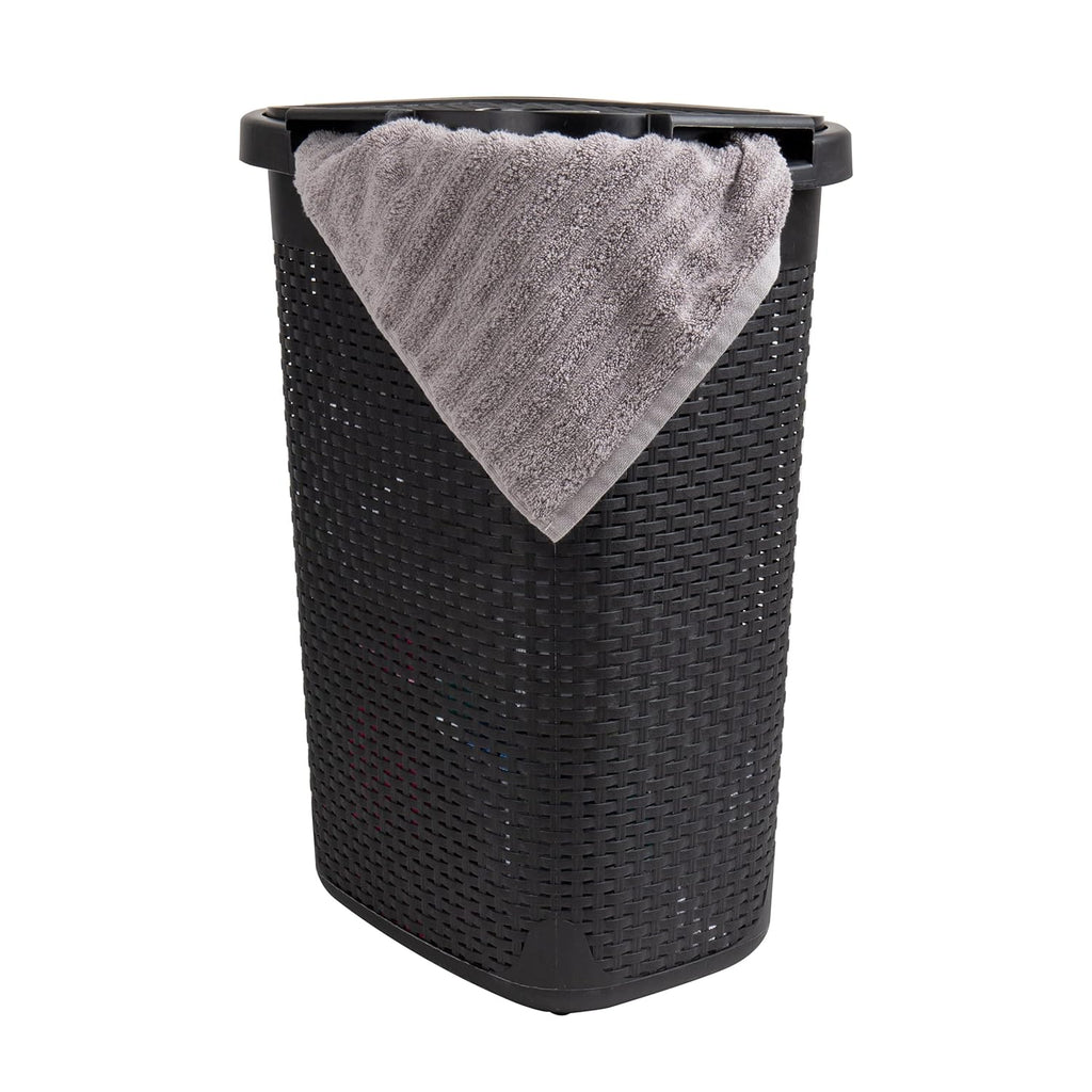 Mind Reader 60L Slim Laundry Hamper, Clothes Basket, Lid, Wicker Design, Plastic, 17.65"L x 13.75"W x 24.15"H, Black