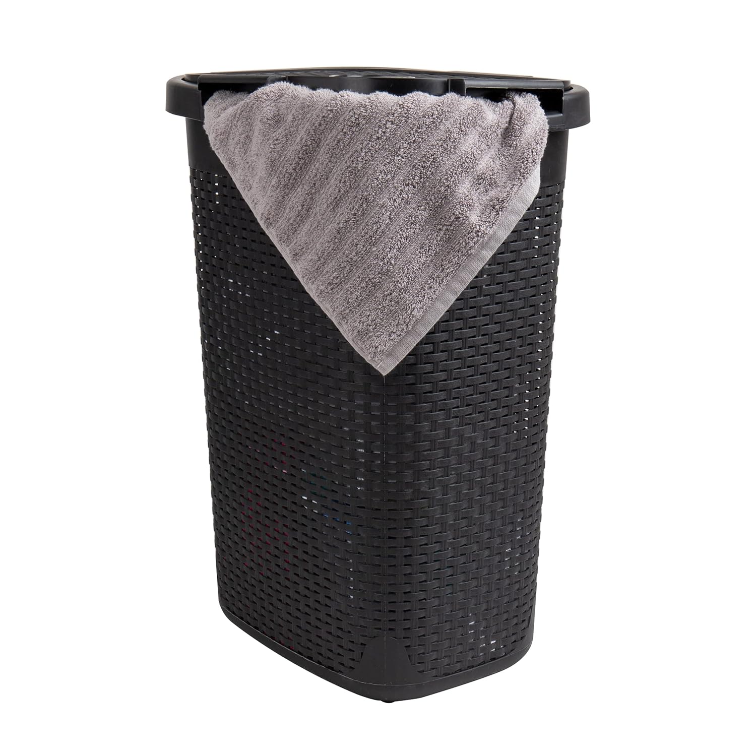 Mind Reader 60L Slim Laundry Hamper, Clothes Basket, Lid, Wicker Design, Plastic, 17.65"L x 13.75"W x 24.15"H, Black