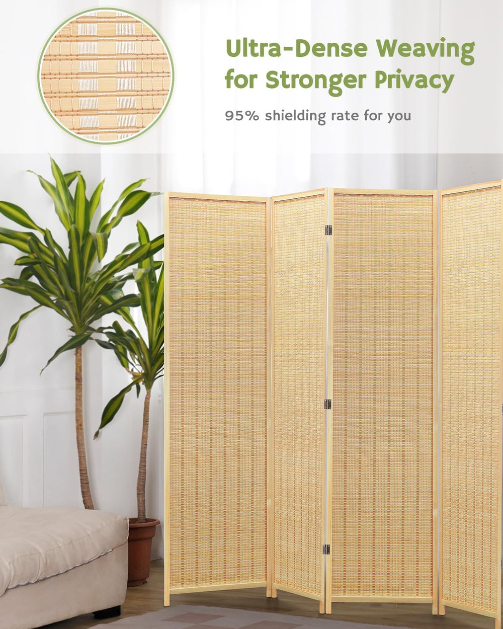 JOSTYLE Bamboo Room Divider, 5-Panel Folding Privacy Screen, 6 ft. Tall