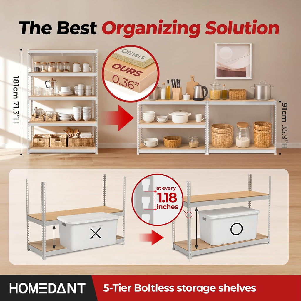 HOMEDANT 5 Tier Storage Shelves Adjustable Laminated Boltless Garage Metal Shelving Unit Heavy Duty Utility Rack Shelf Warehouse Pantry Closet Kitchen (1, (L) 48.1" W, White)