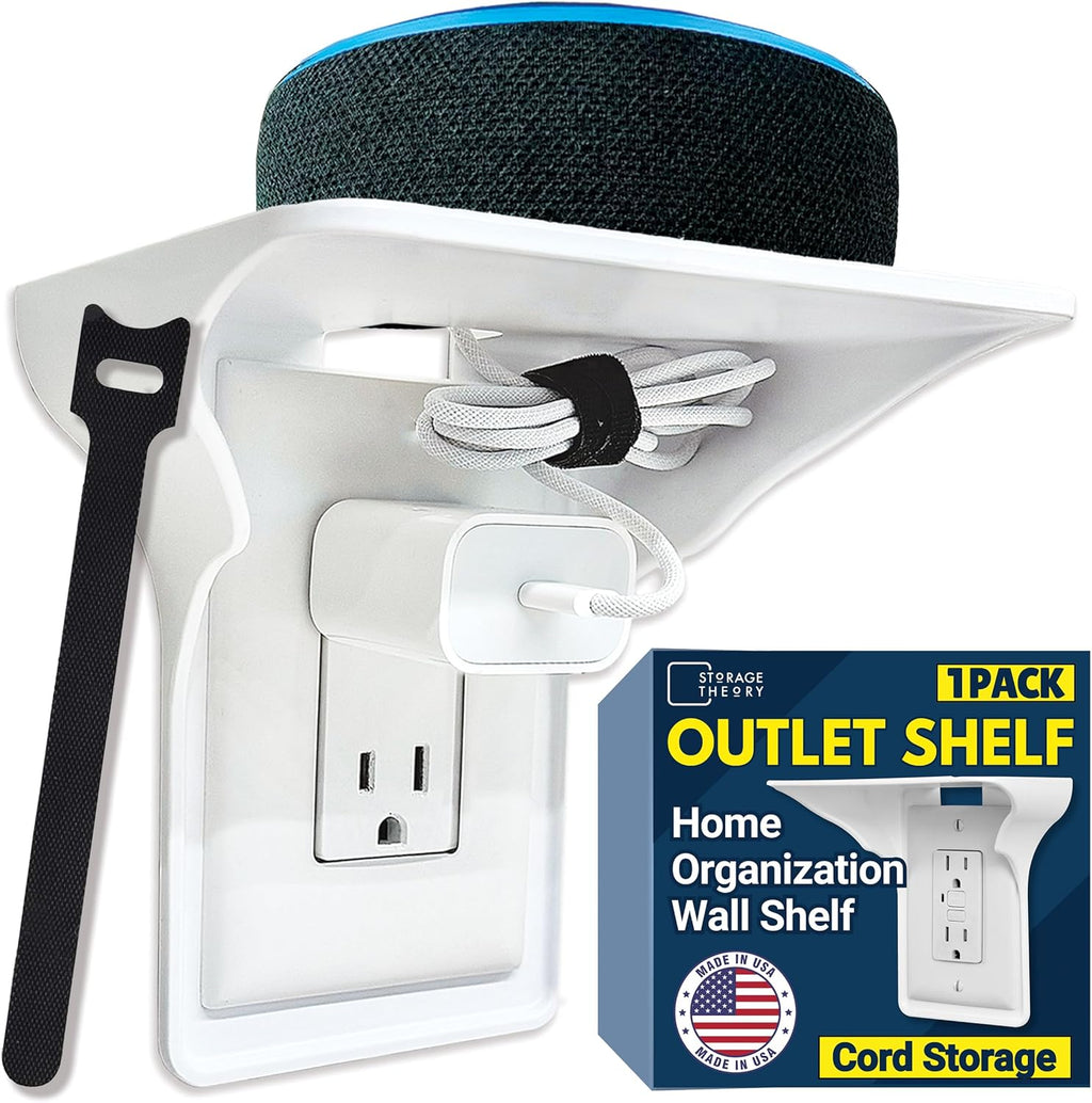 BeraTek Power Perch Wall Outlet Shelf with Cord Storage Strap - Small Wall Shelf Declutters & Reclaims Bathroom Counter Space - Alexa Echo Dot Stand, Apple Homepod Mini Wall Mount - White, 1-Pack