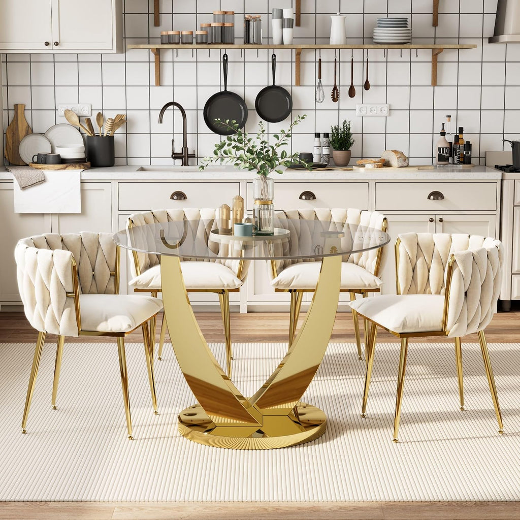 38.9" Round Glass Dining Table Set for 4, Modern Kitchen Table with 4 Upholstered Velvet Chairs, Tempered Glass Top with Golden Steel Base, 5 Pieces Dining Table Set for Small Space - Beige