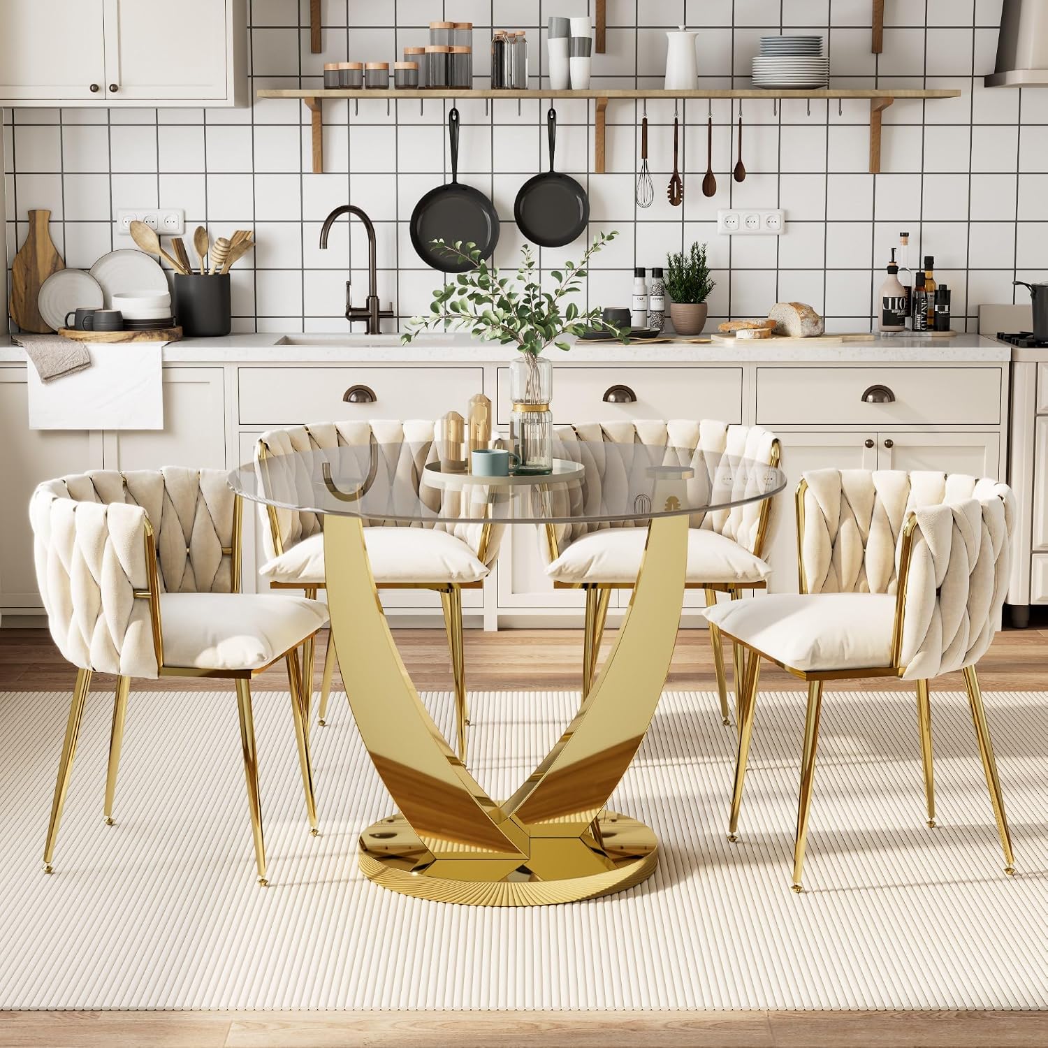 38.9" Round Glass Dining Table Set for 4, Modern Kitchen Table with 4 Upholstered Velvet Chairs, Tempered Glass Top with Golden Steel Base, 5 Pieces Dining Table Set for Small Space - Beige