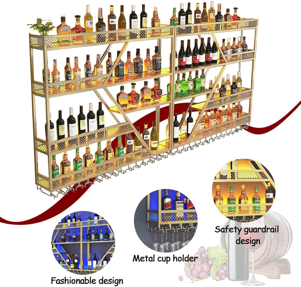 63in Large Wall Mounted Wine Rack 4 Tier Metal Wine Bottle Holder Modern Diamond Design Floating Bar Liquor Bottles Storage Rack for Home Restaurant Bar Decorative (Gold, 4 Tier - 63in)