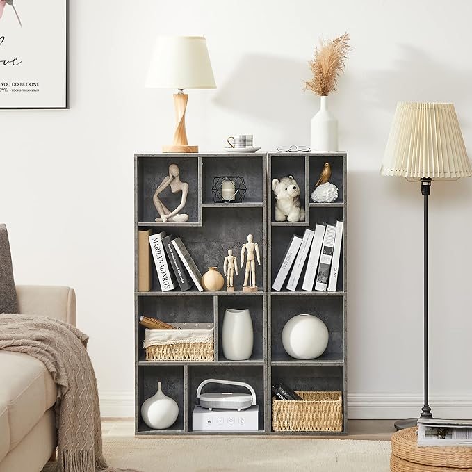 VECELO 42 Inch High Bookcase, 4-Tier Modern Storage Cabinet with Height Difference Shelves for Standard Textbooks, Floor Standing Display, 7 Cubes, Horizontal Avaiable, Easy Assembly, Grey