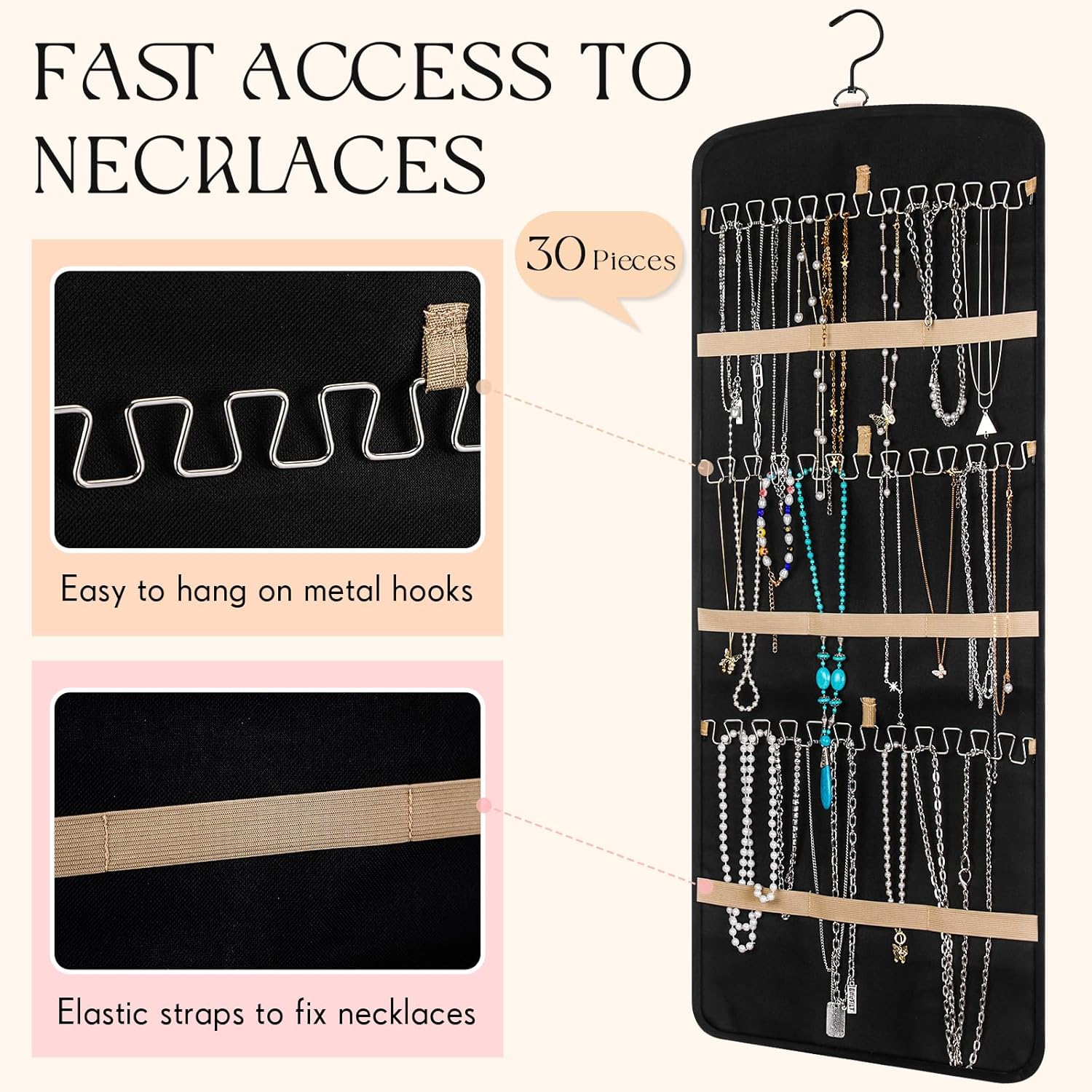 2 Pack Hanging Jewelry Organizer Storage with 39 Pockets, 30 Necklace Hooks Double Sided Wall Mount Earring Holder Organizer Bracelet Necklace Jewelry Display Hanger for Closet Door(Black)