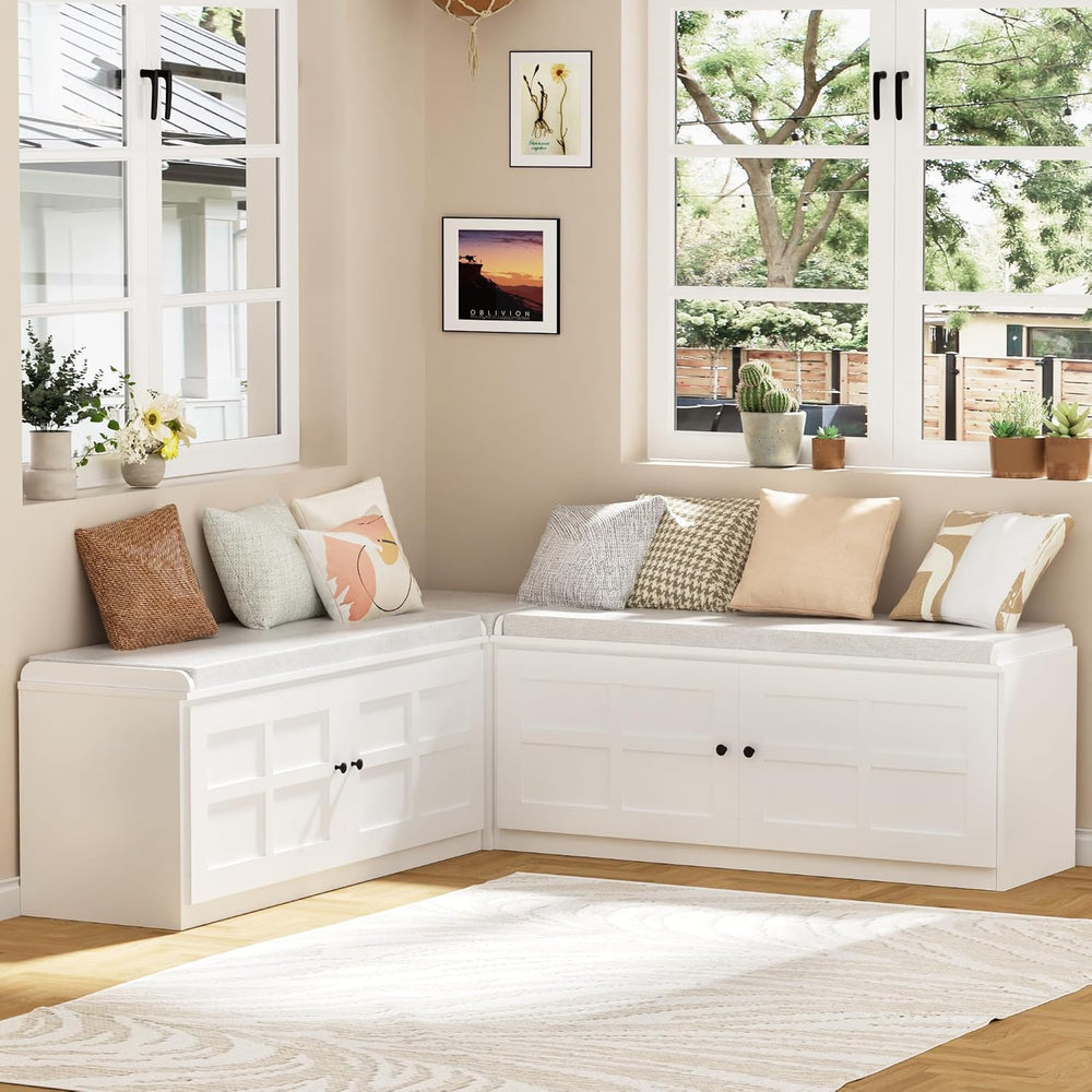 63 inches L-Shaped Storage Bench with Cushion Seat Corner Dining Bench with H...
