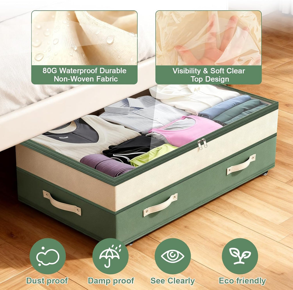 Dolicer 4 Pack Under Bed Storage with Wheels, 6in-10in Height Adjustable Underbed Storage Containers, 92L XXXL Under Bed Drawers Rolling Bin with Clear Lids for Dorm Shoes Clothes Organizers(Green)
