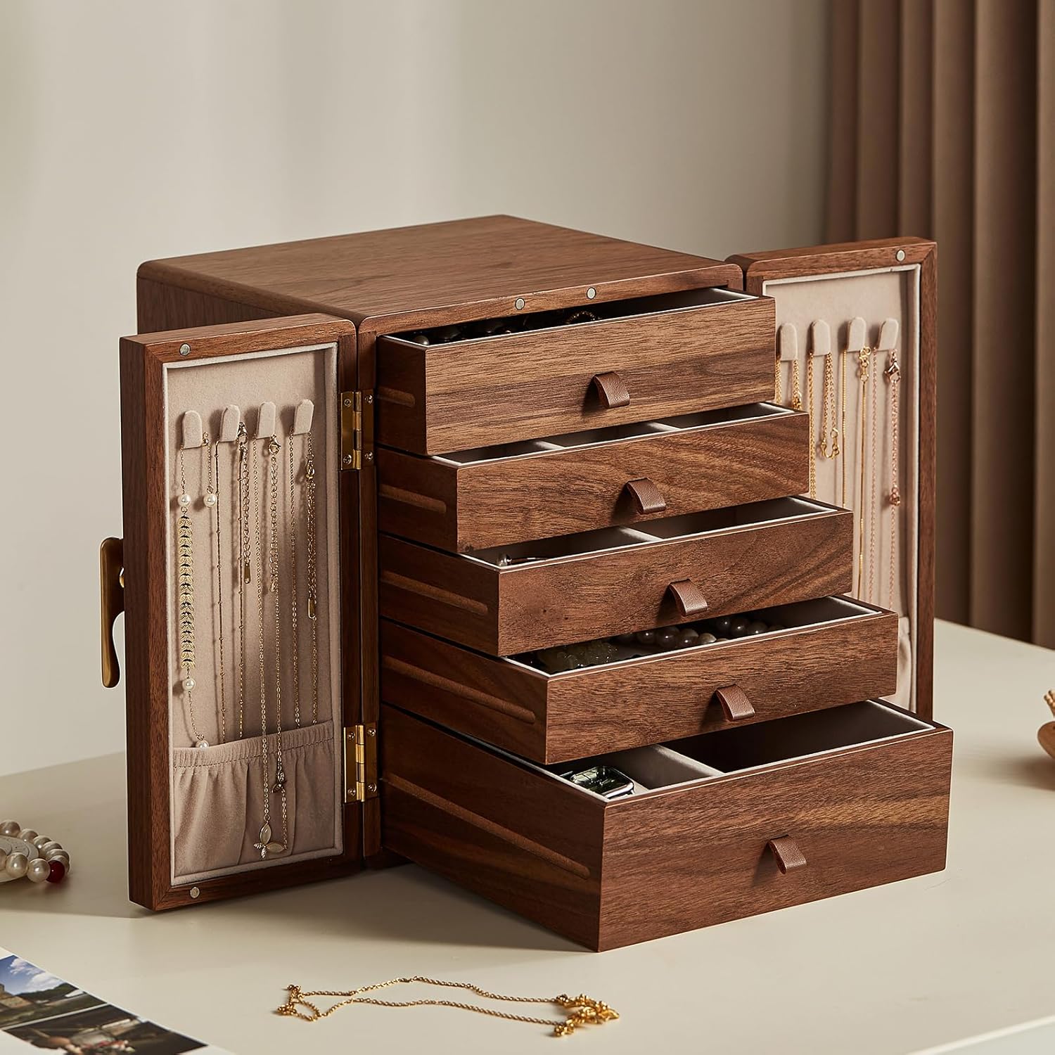CHOSIN Black Walnut Wooden Jewelry Box 5 Layer Large Wood Jewelry Organizer Brass Handle for Necklaces Rings Earrings Watches Storage Christmas Gifts(7.9x8.7x10.0inches)