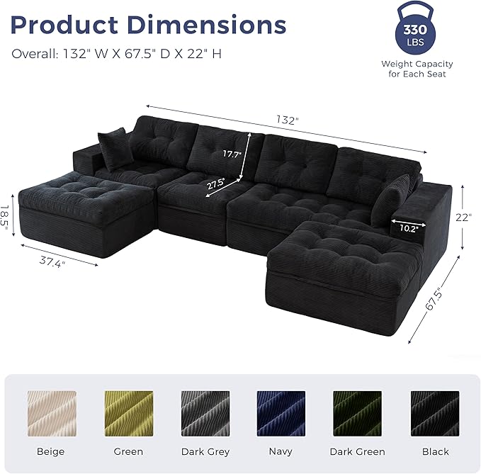 MAXYOYO 132" U Shaped Modular Sectional Sofa with 2 Ottomans, Cloud Boneless Couch with Layered Cushion, Flexible Module Combination Sofa for Living Room, No Assembly Required, Black