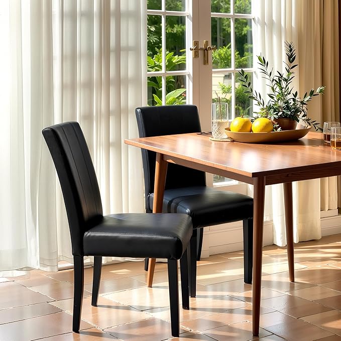 CHUN YI Dining Chairs Set of 2, Faux Leather Dining Room Chairs, Upholstered Parsons Chairs for Dining Room Kitchen Side Chair with Sturdy Wood Legs, Black