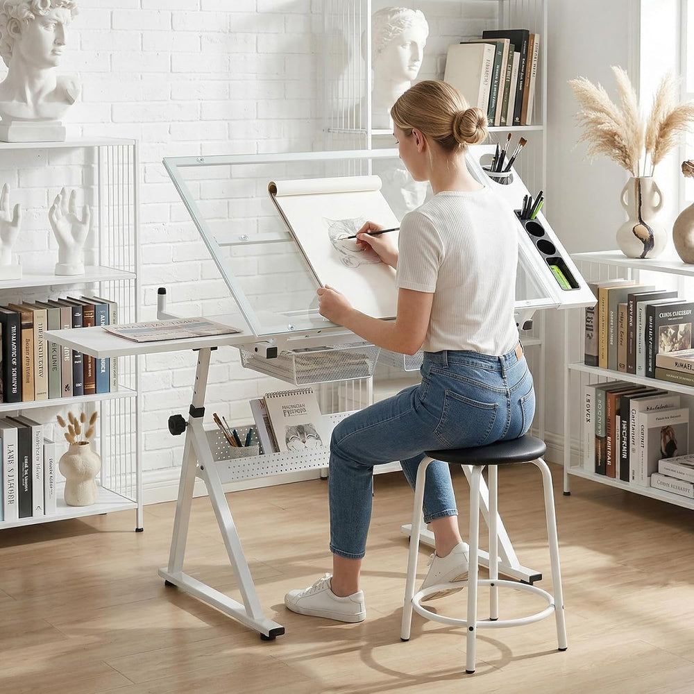 Drafting Table with Stool, Height Adjustable Art Desk with Tilting Tempered G...